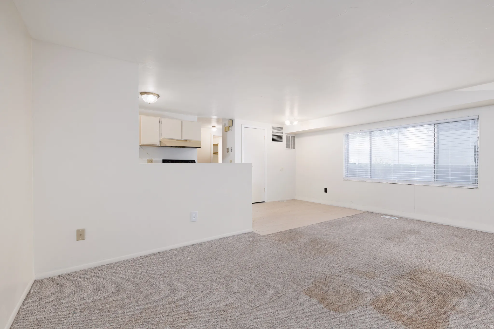 Unfurnished living room featuring light carpet and baseboards
