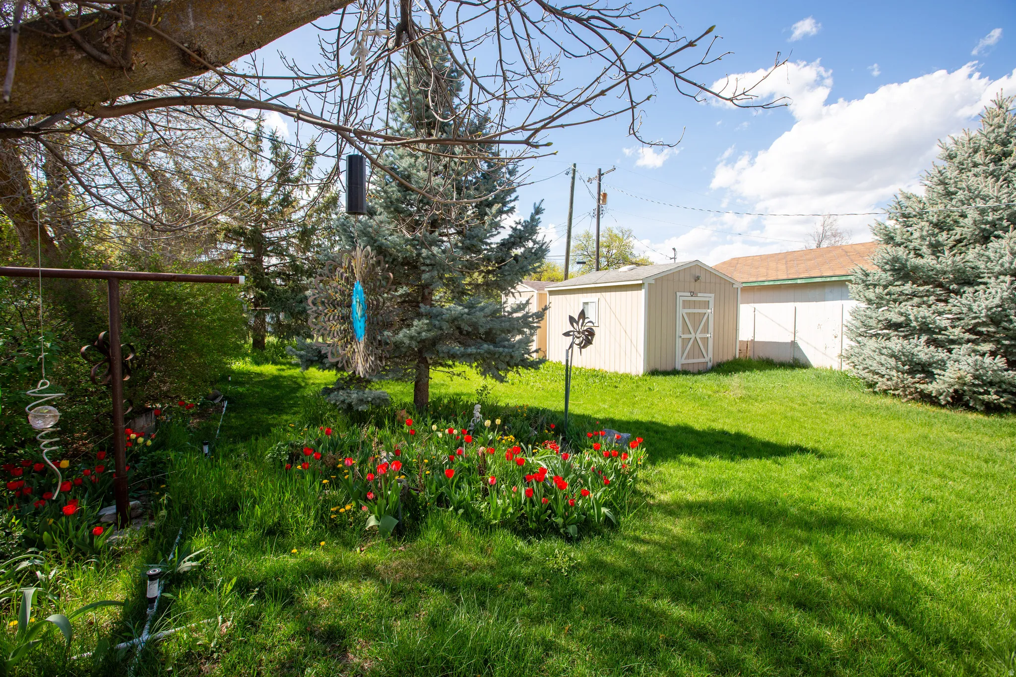 View of grassy yard featuring a storage sheds