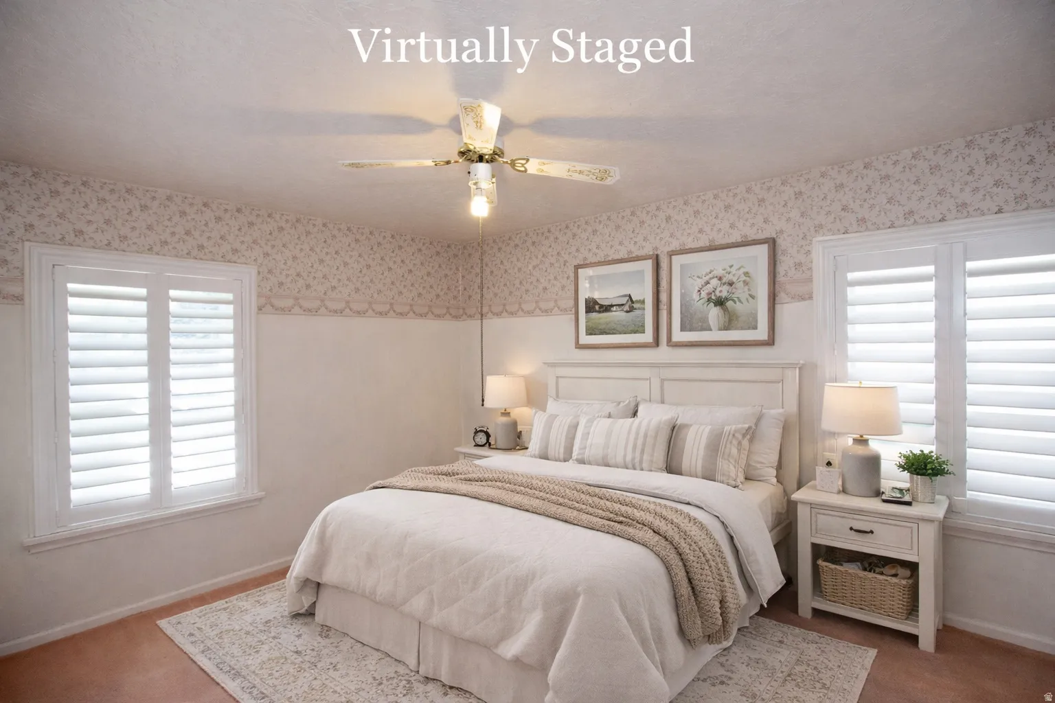 Virtual Staged - Carpeted bedroom with ceiling fan, a textured ceiling, and wallpapered walls