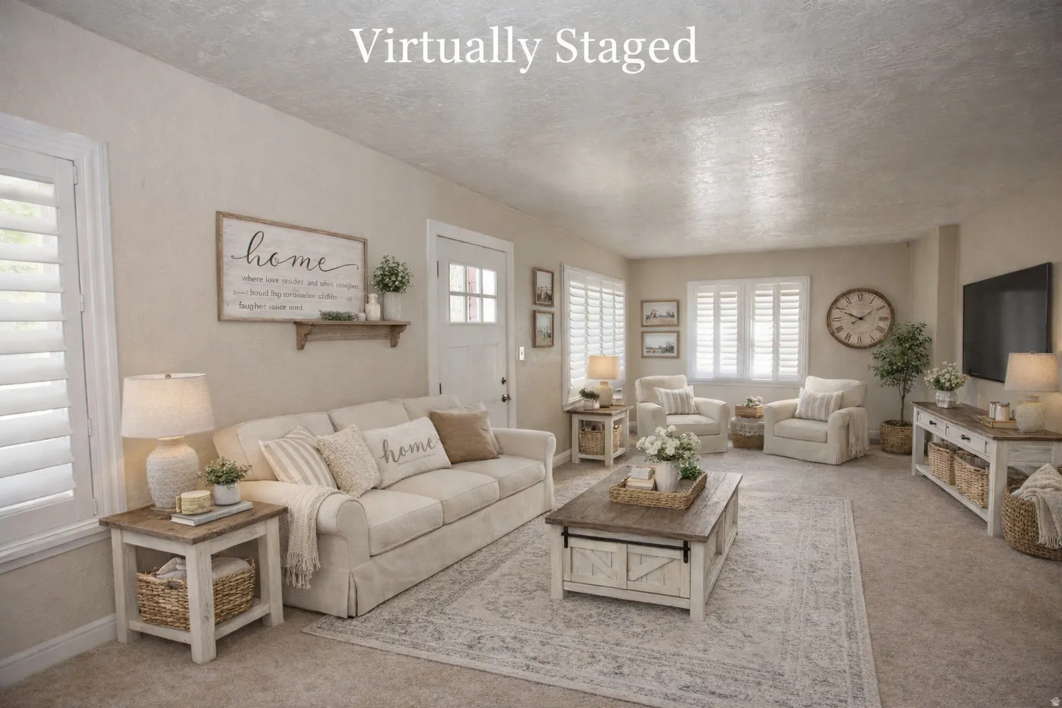 Virtual Staging - Living area with carpet flooring and a textured ceiling