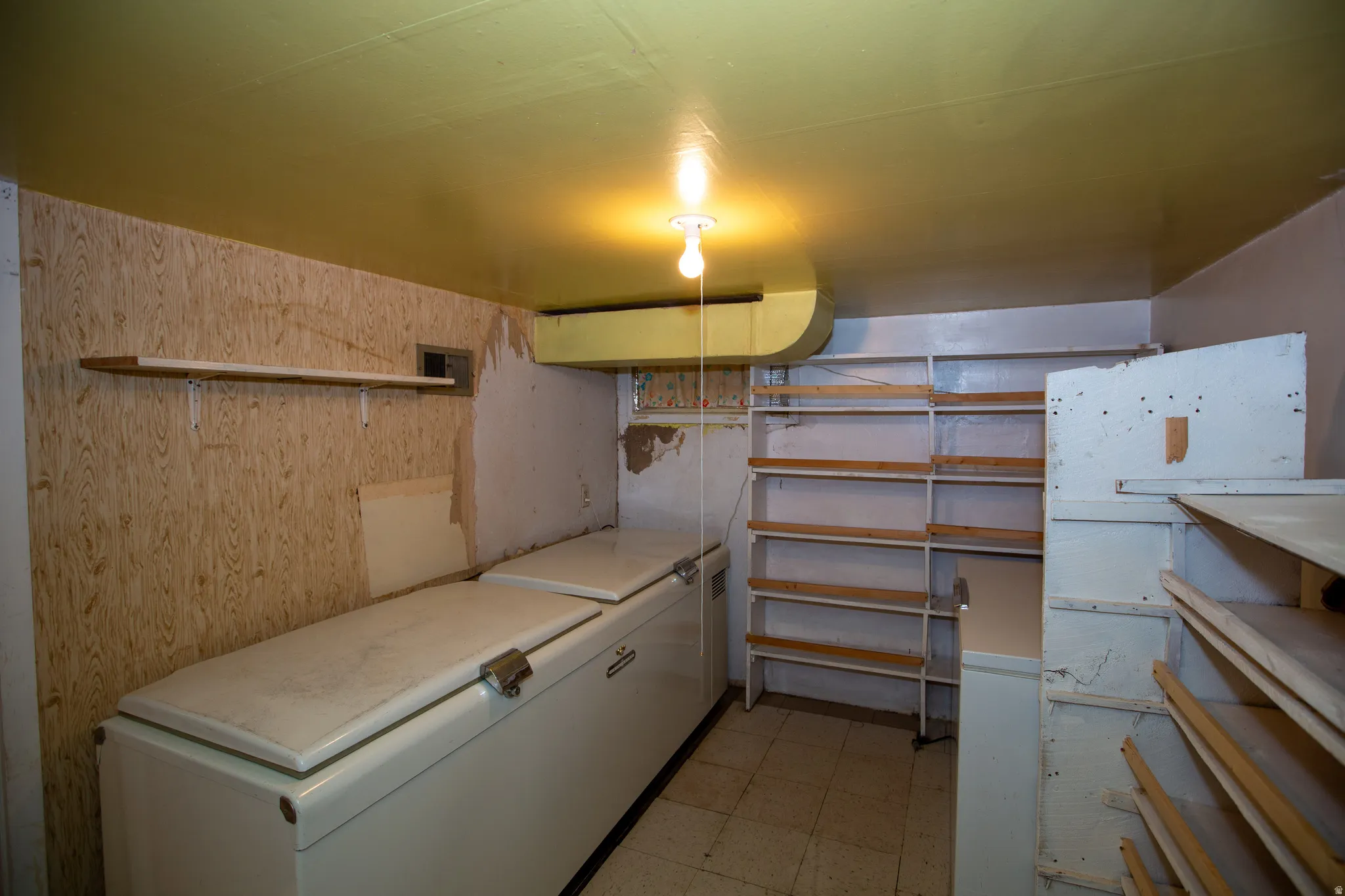 Storage room featuring light floors and shelving
