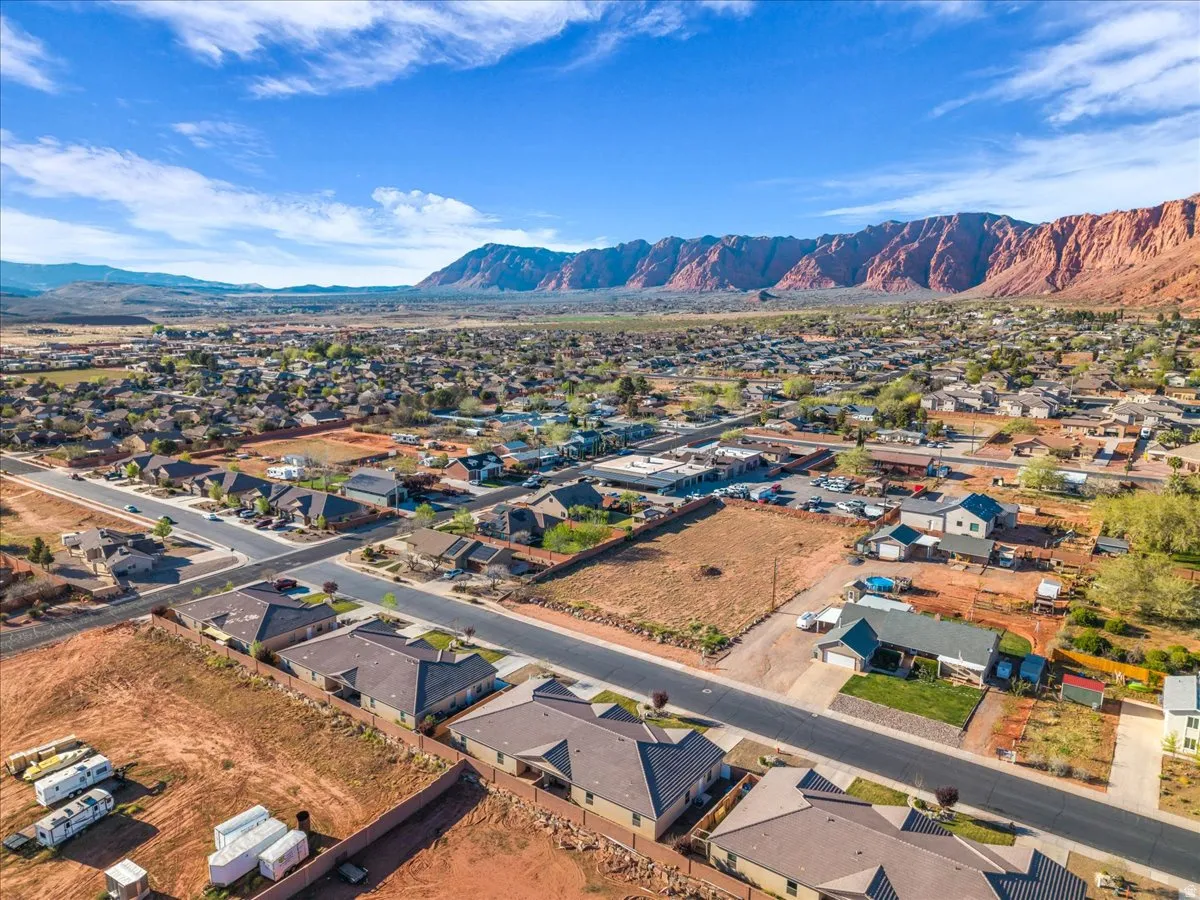 Aerial view of residential area with mountains
