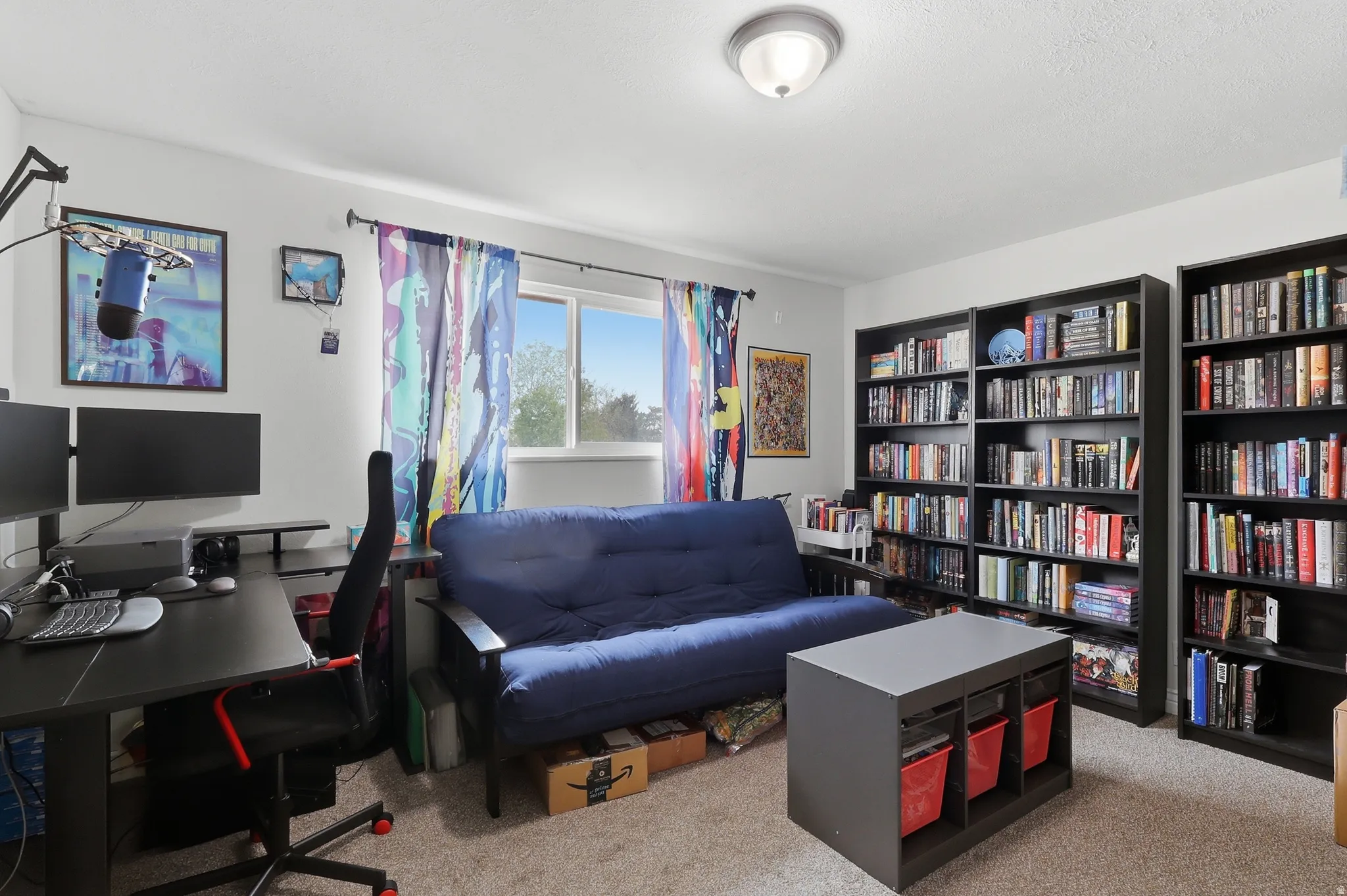 Home office featuring light carpet