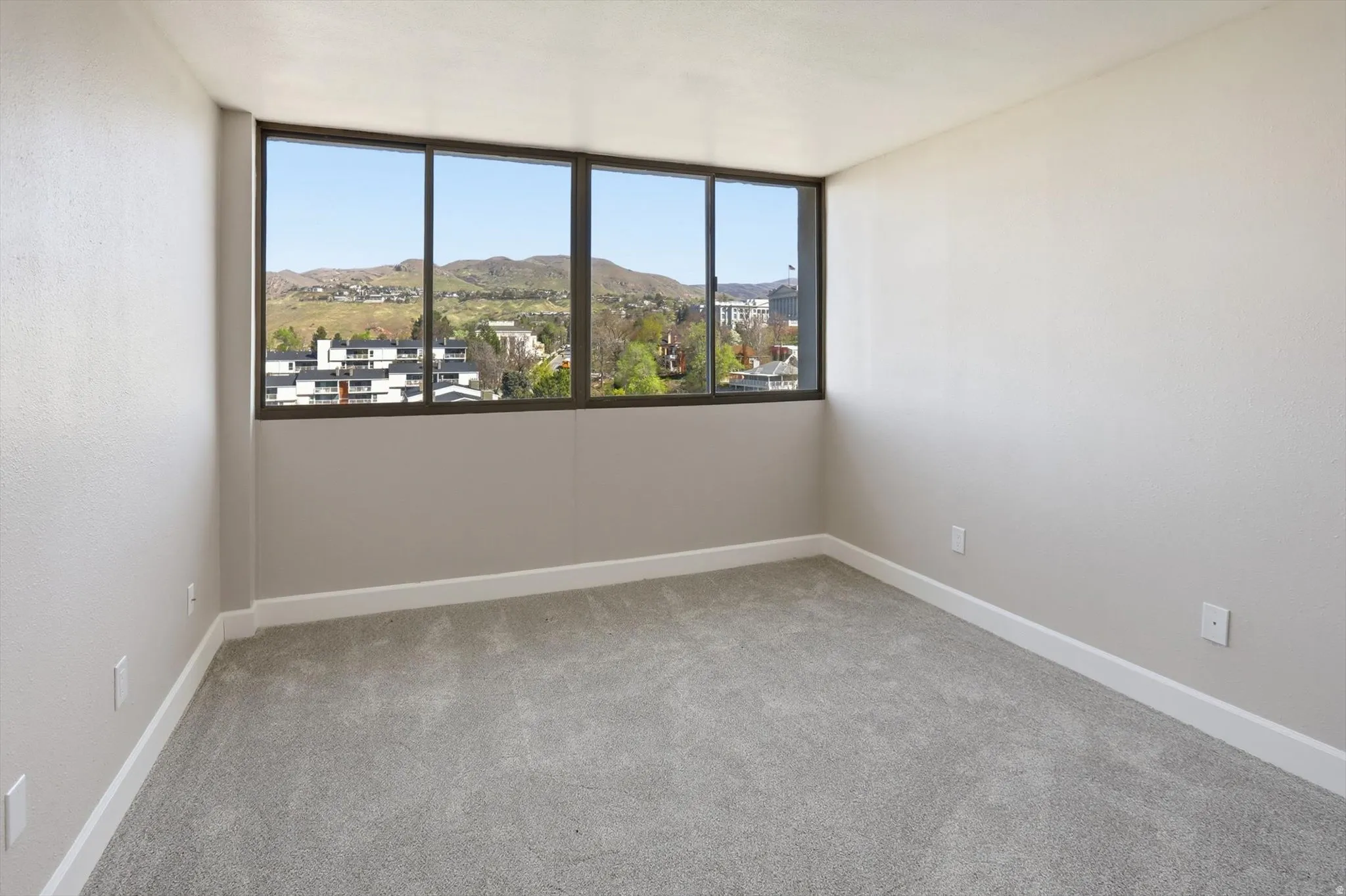 Spare room with a mountain view and light carpet