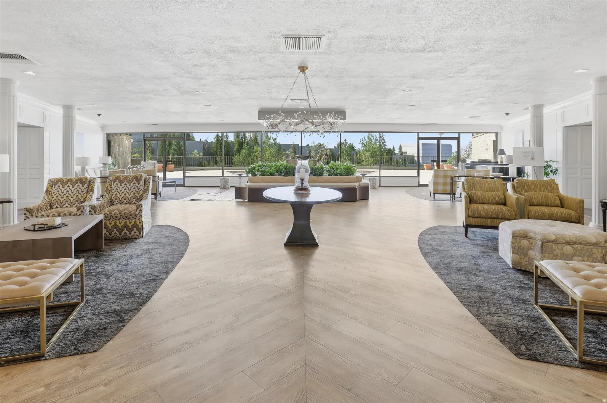 Building lobby featuring a textured ceiling