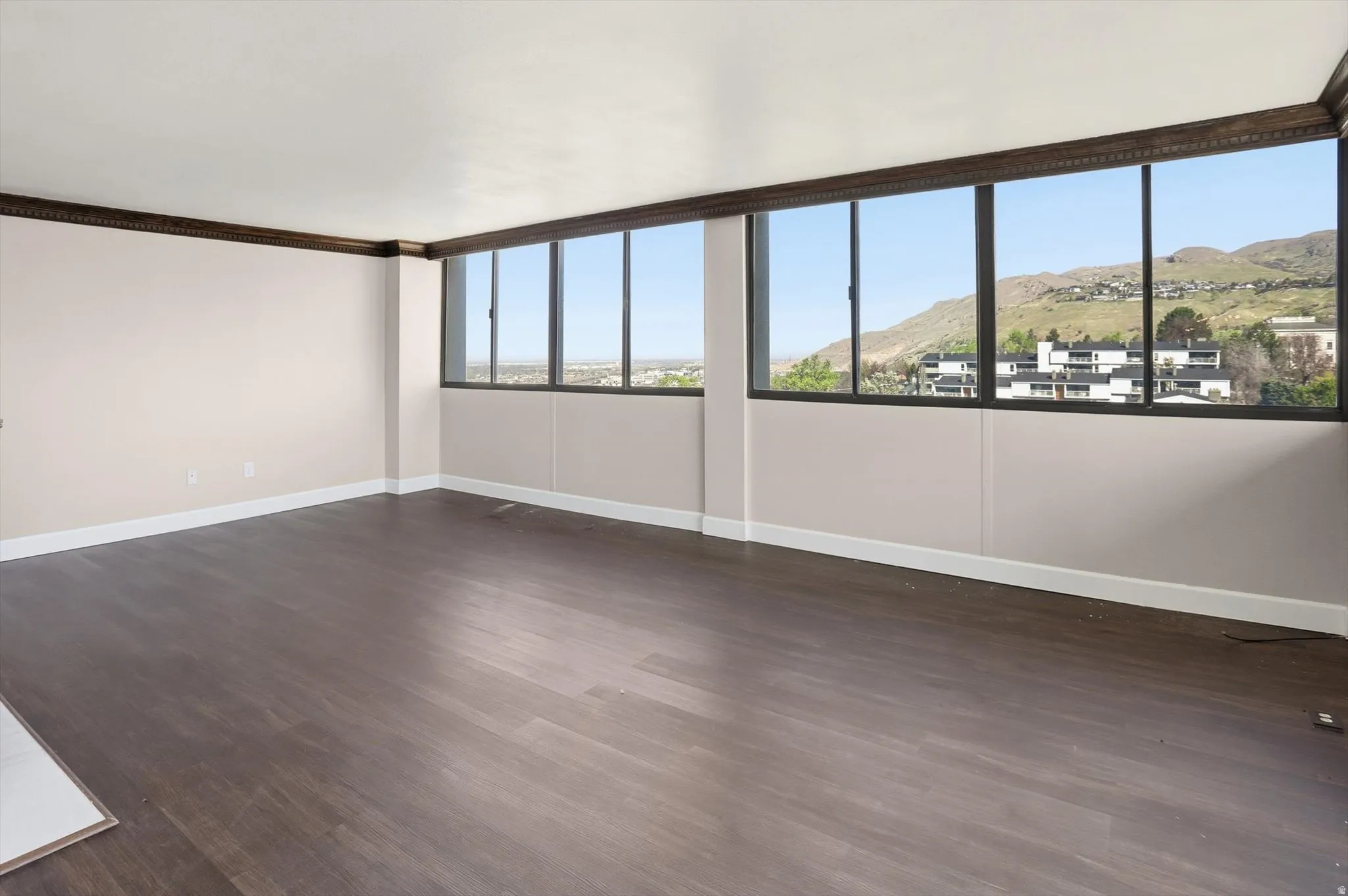 Spare room with a mountain view, dark wood-type flooring, and crown molding