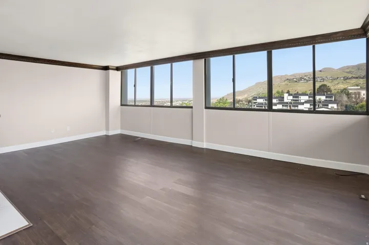 Spare room with a mountain view, dark wood-type flooring, and crown molding