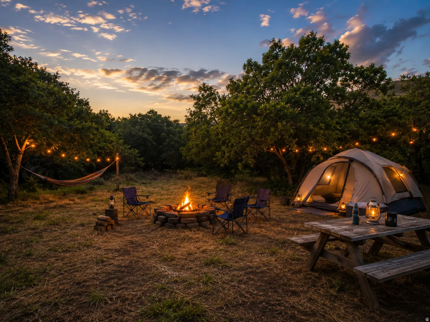 Expansive outdoor area featuring a stone-ringed fire pit, string lighting, and mature trees