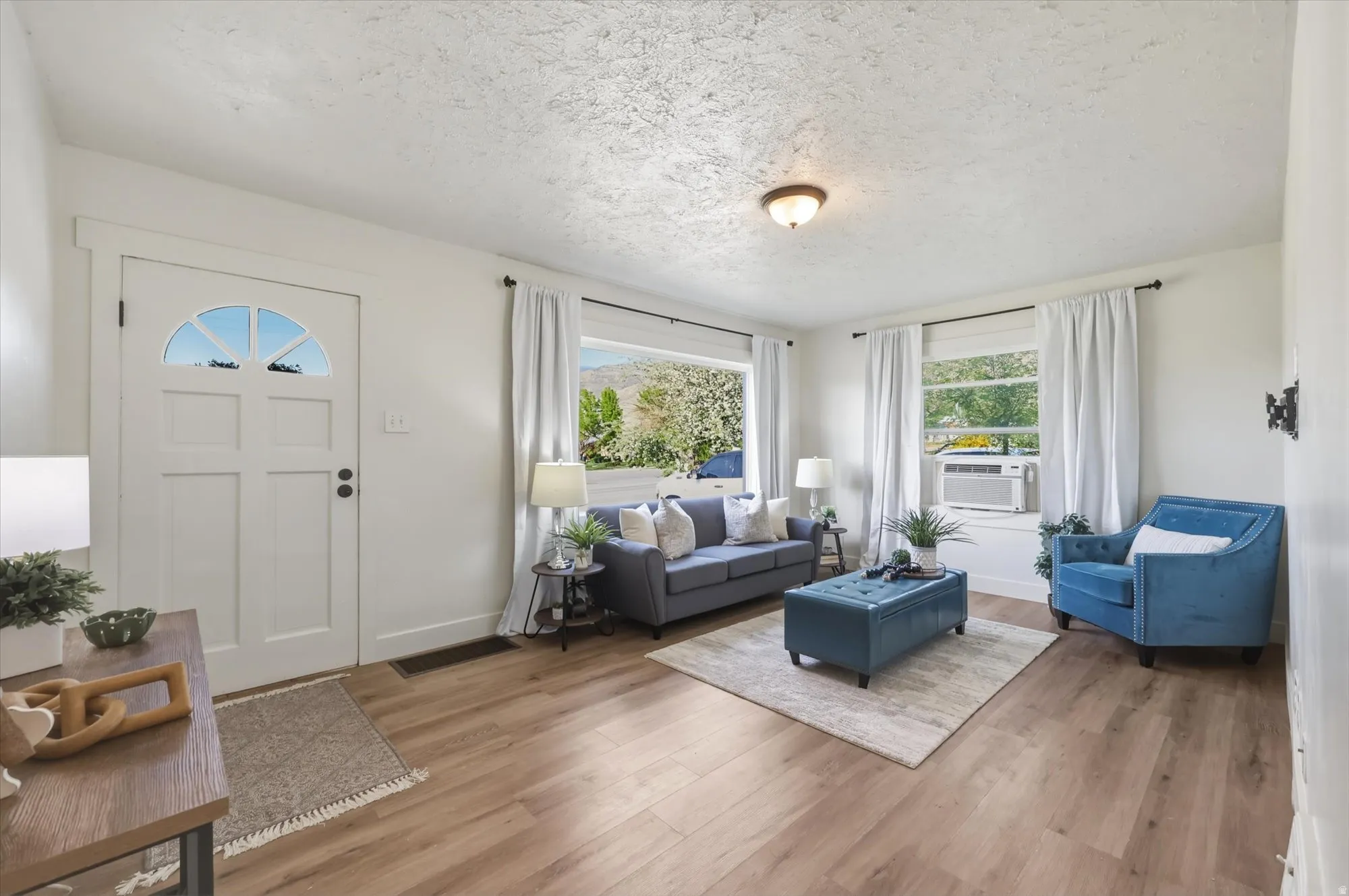 Living room with wood finished floors, healthy amount of natural light, and a textured ceiling