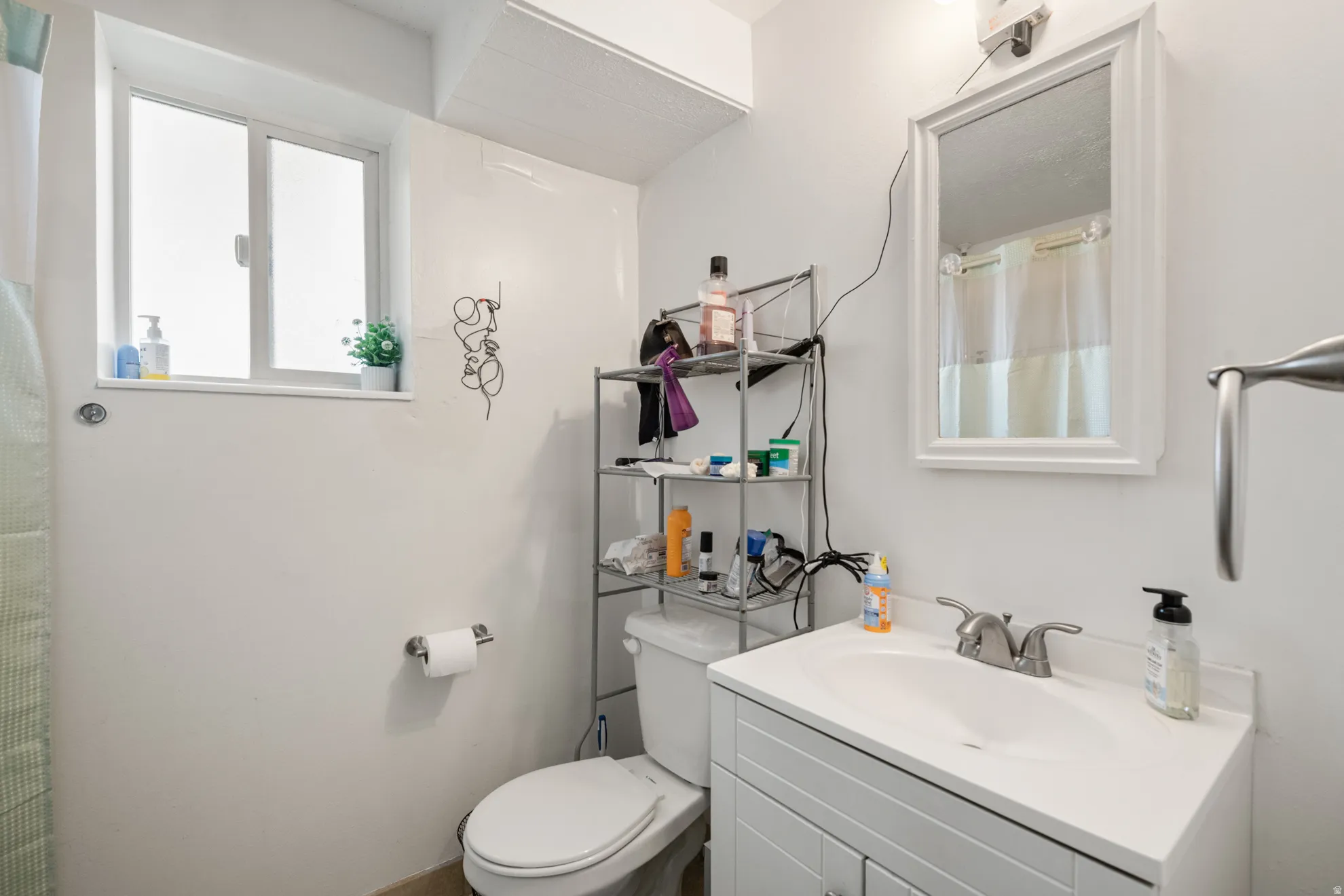 Full bath featuring vanity and a shower with shower curtain