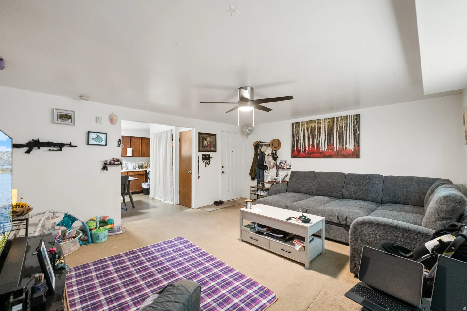 Living area with a ceiling fan and carpet