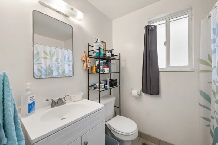 Full bathroom with vanity and curtained shower