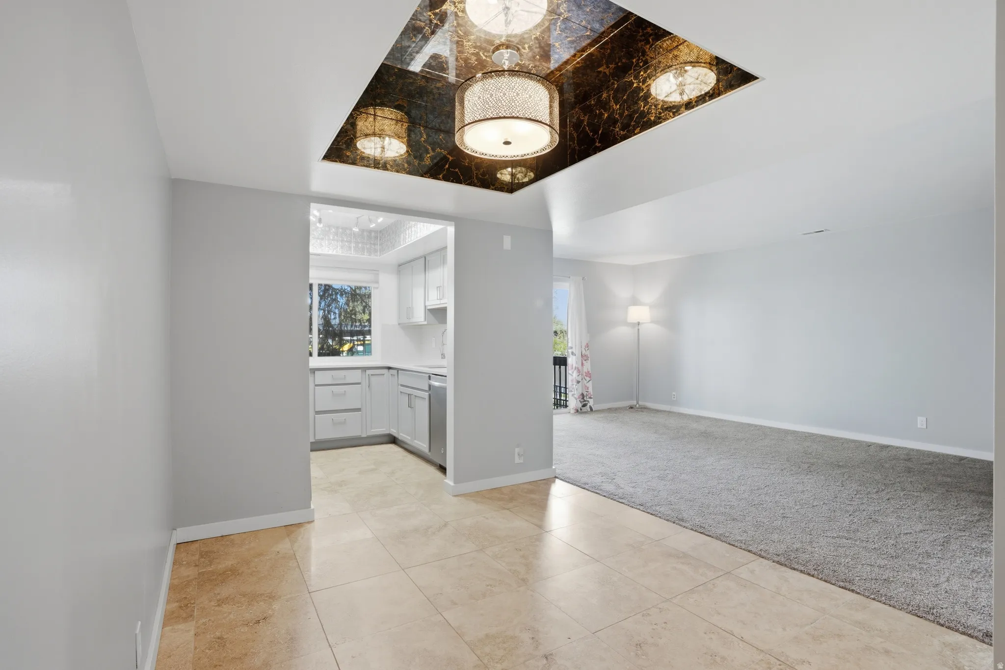 Classic tray ceiling, updated lighting fixtures