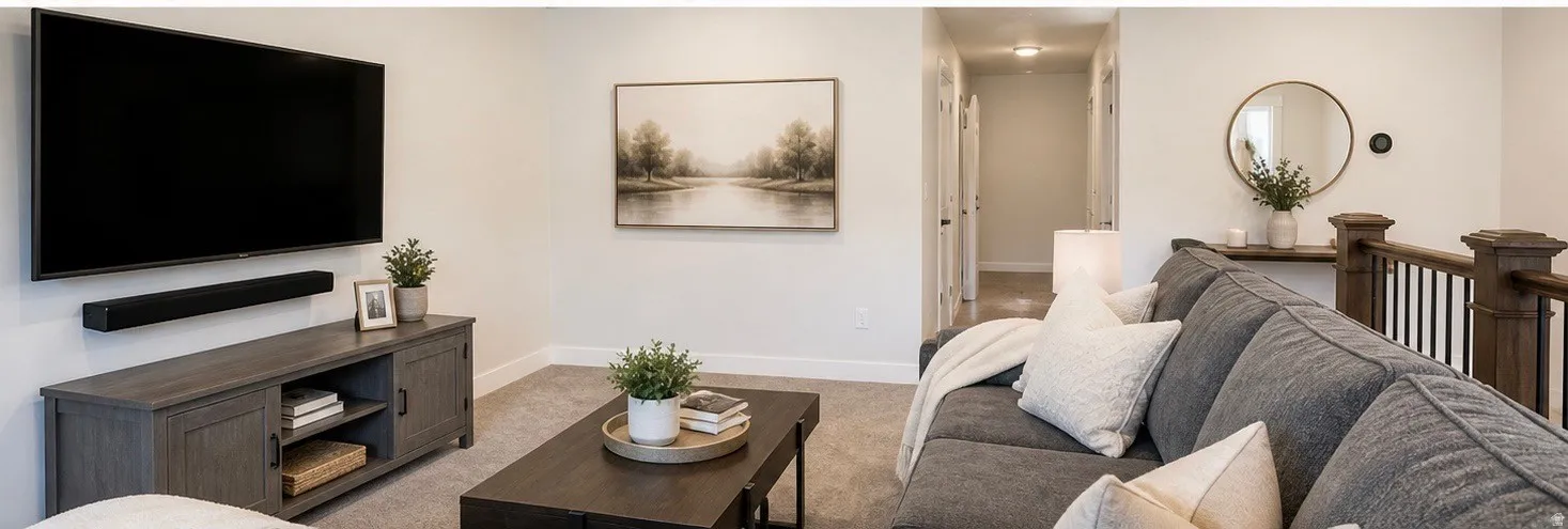 Living area featuring light carpet