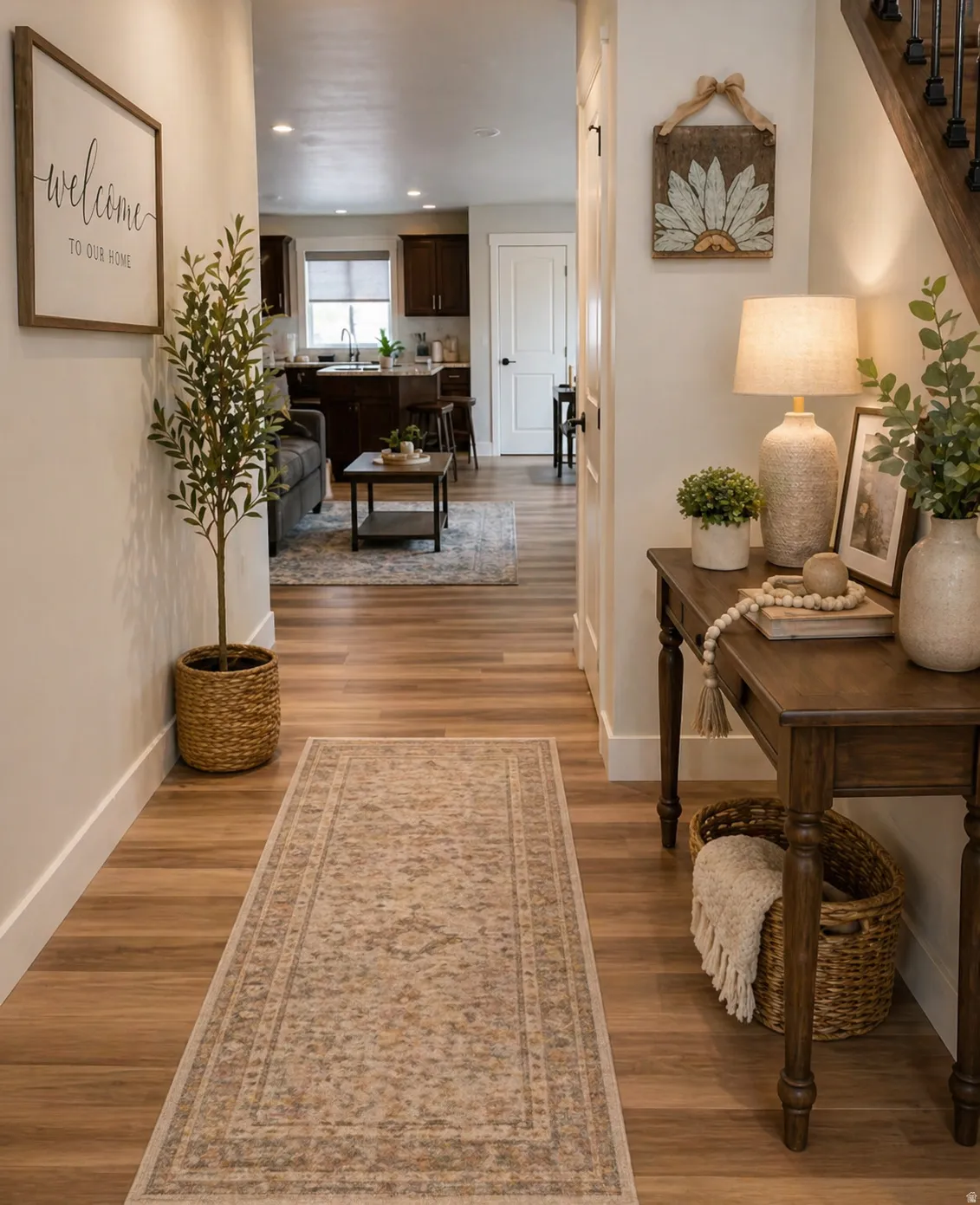 Hall with light wood finished floors and recessed lighting