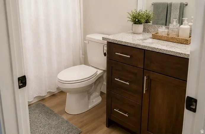 Full bathroom with light wood-style flooring, vanity, and curtained shower