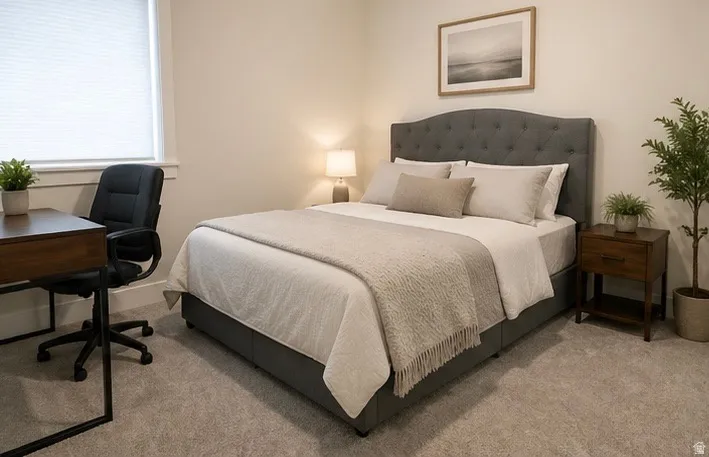 Carpeted bedroom featuring an office area