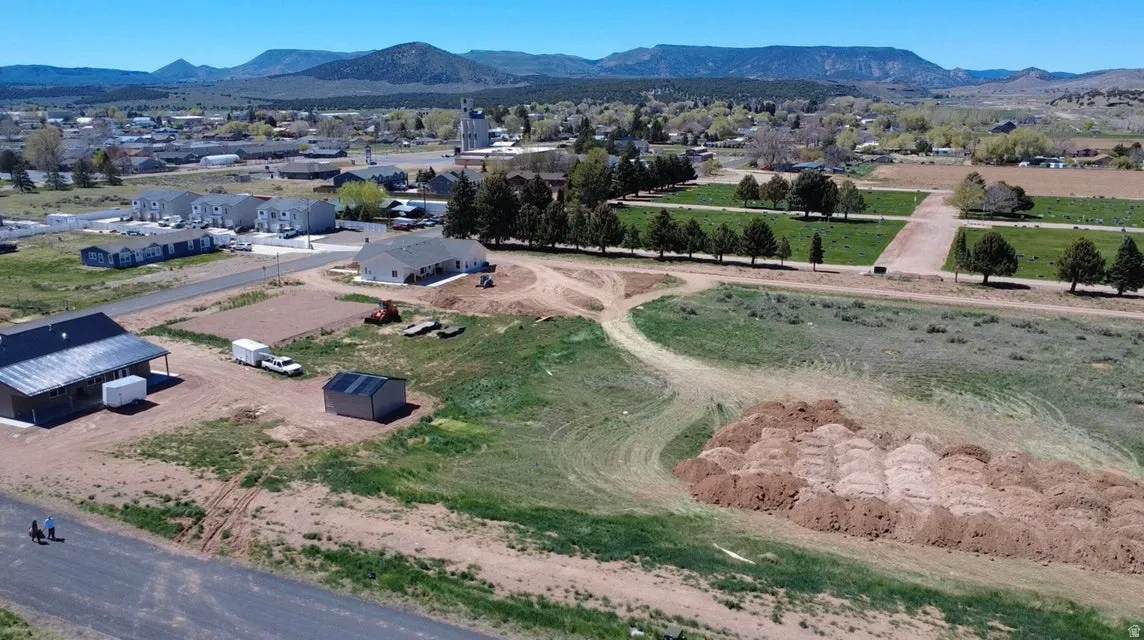 Aerial view of residential area with mountains