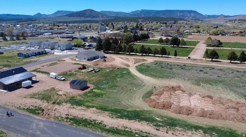 Aerial view of residential area with mountains