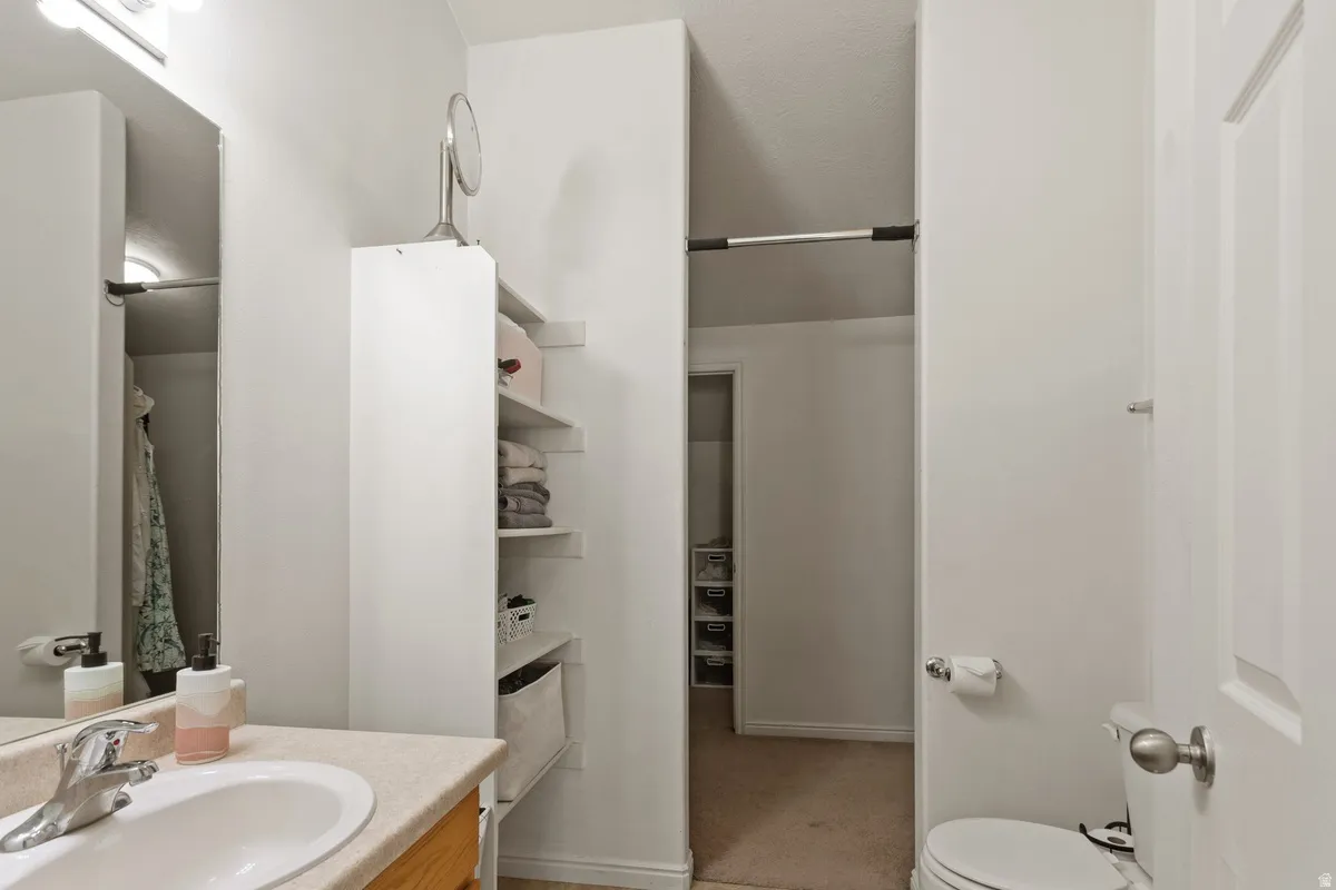Full bathroom with vanity, curtained shower, and light carpet