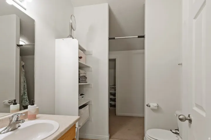 Full bathroom with vanity, curtained shower, and light carpet