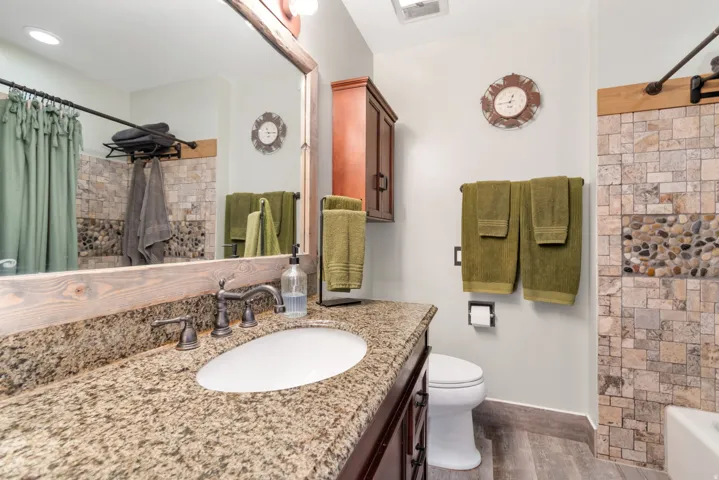 Full bath featuring vanity and dark wood finished floors