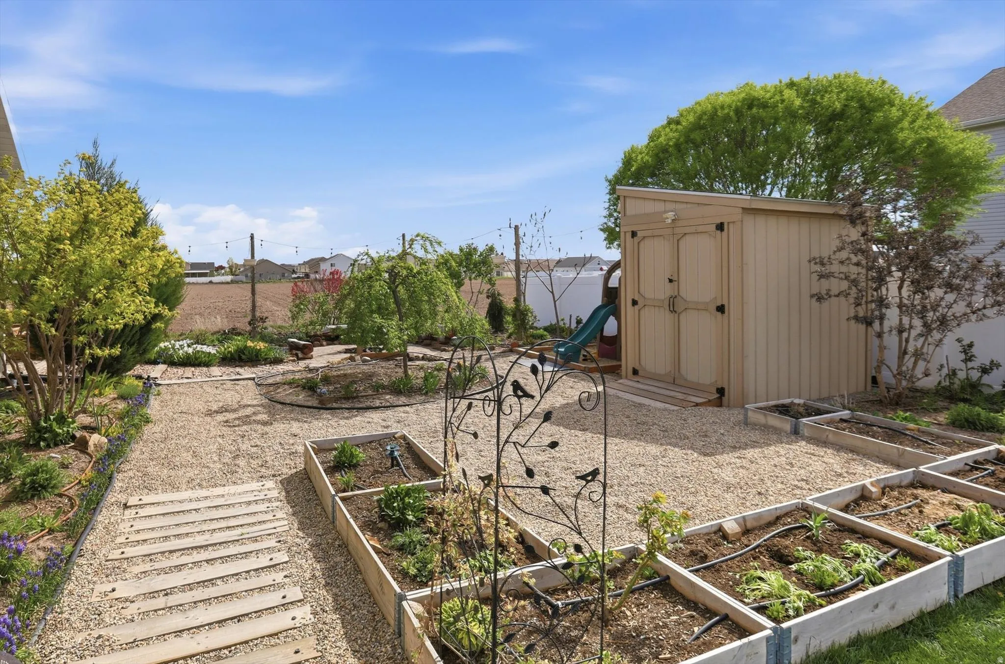 View of yard with a vegetable garden and a storage shed