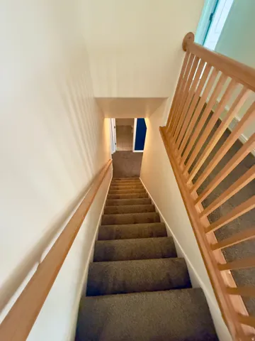 Carpeted staircase featuring a light wood handrail and matching wood banister