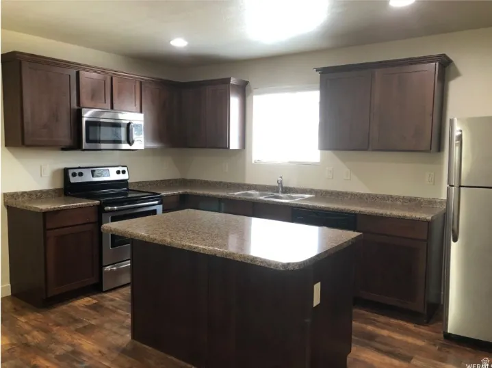 Kitchen with stainless steel appliances, dark wood finish cabinetry, dark wood-style floors, a kitchen island, and recessed lighting