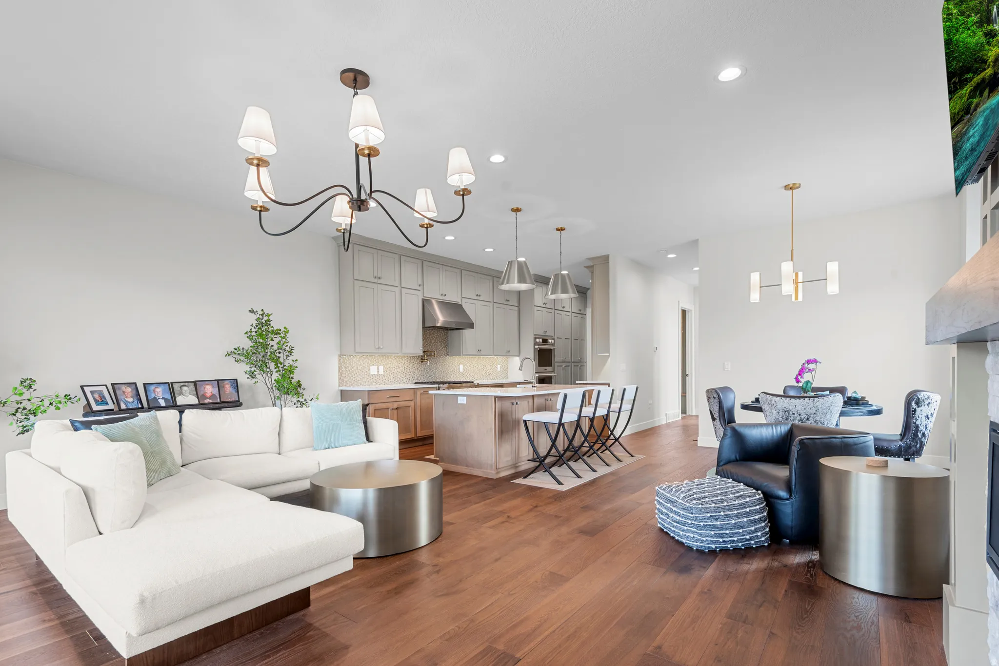 Living area featuring hanging lights and dark wood-style floors