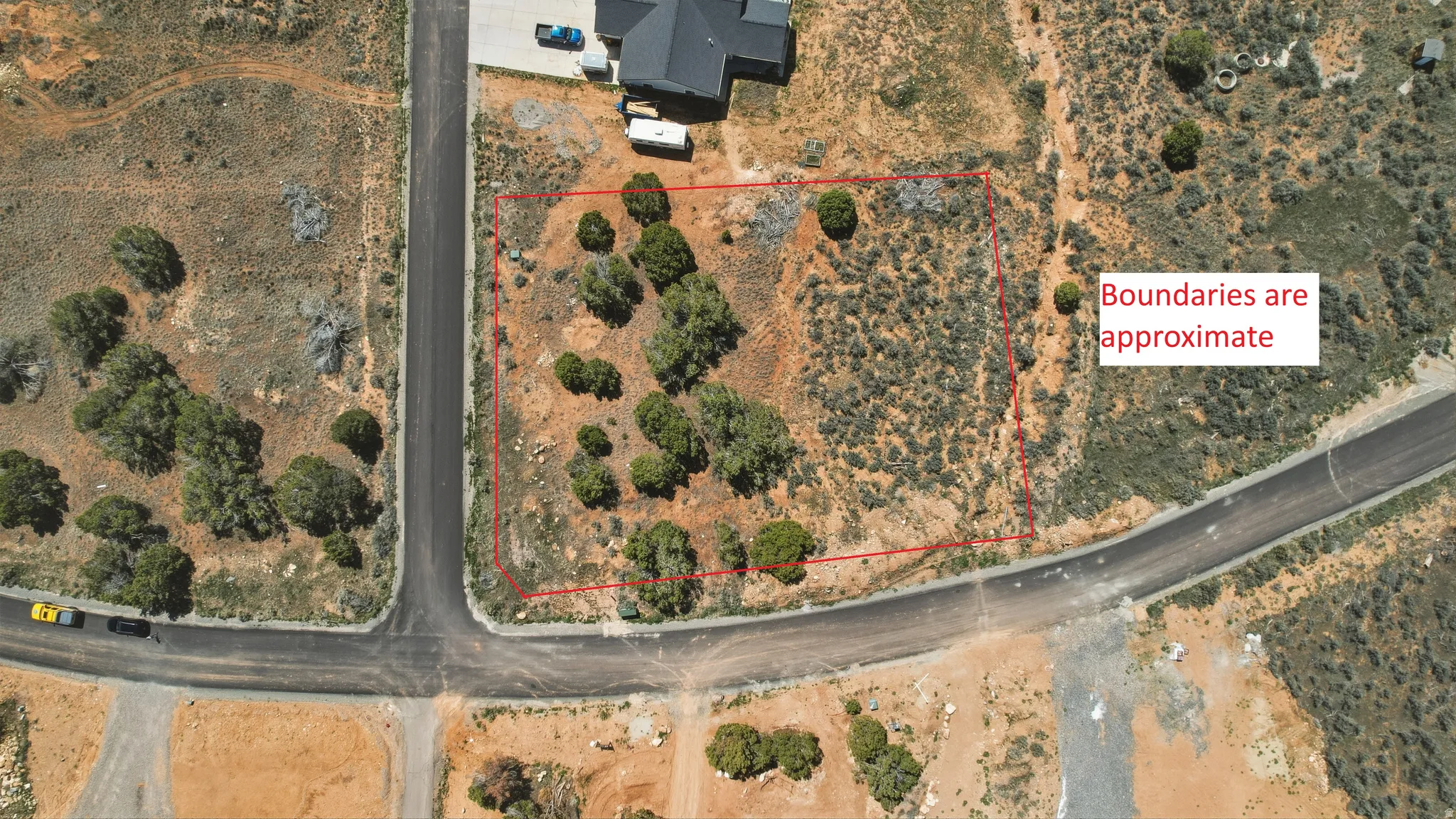 Overview of rural landscape with property parcel outlined (boundaries are approximate)