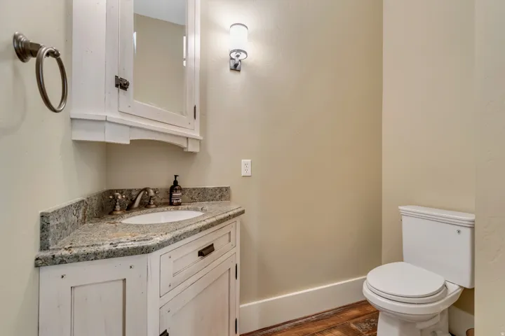 Bathroom with vanity and dark wood-type flooring