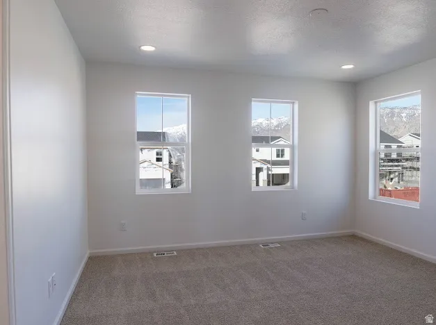 Carpeted spare room with a textured ceiling