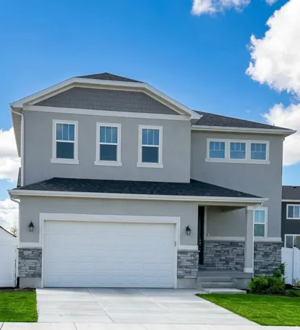 Craftsman inspired home featuring stone siding, concrete driveway, stucco siding, an attached garage, and a shingled roof