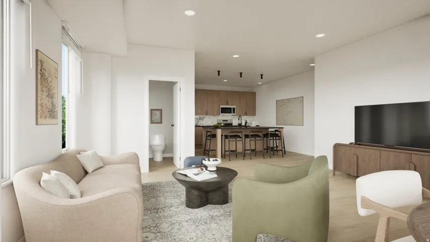 Photos coming soon! - Rending shown. Living area featuring light wood-type flooring and recessed lighting