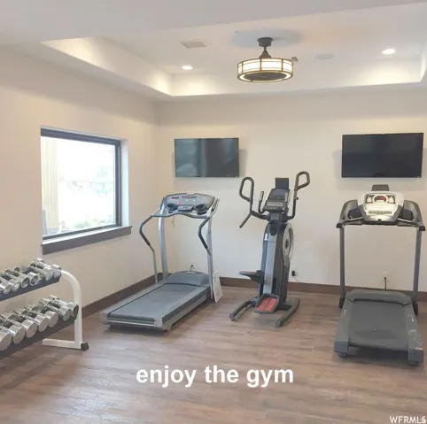 Exercise room featuring a tray ceiling and recessed lighting
