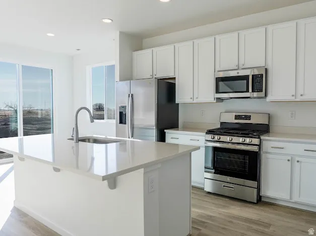 Kitchen featuring stainless steel appliances, white cabinets, light wood-type flooring, an island with sink, and recessed lighting