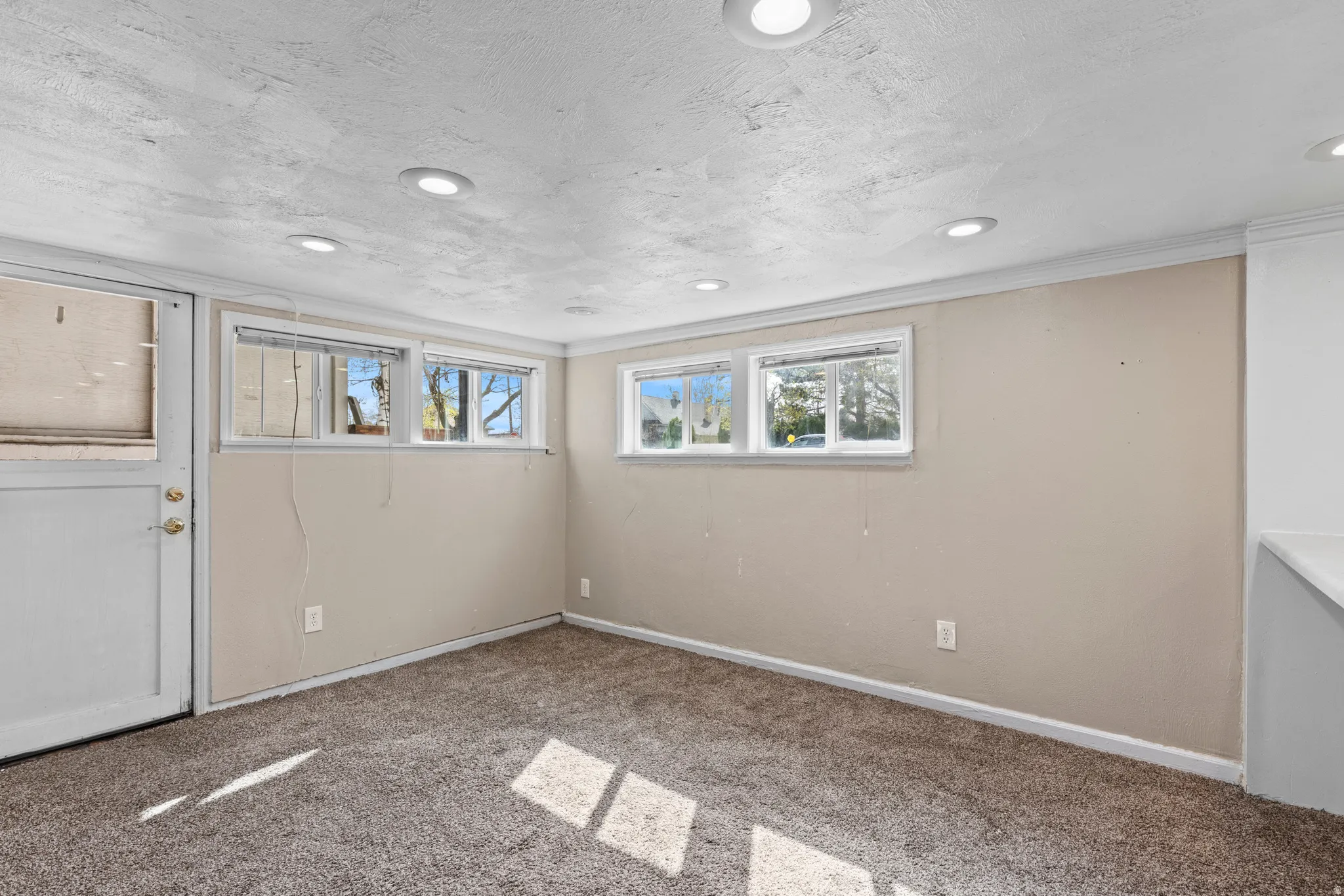 Below grade area featuring carpet floors and recessed lighting