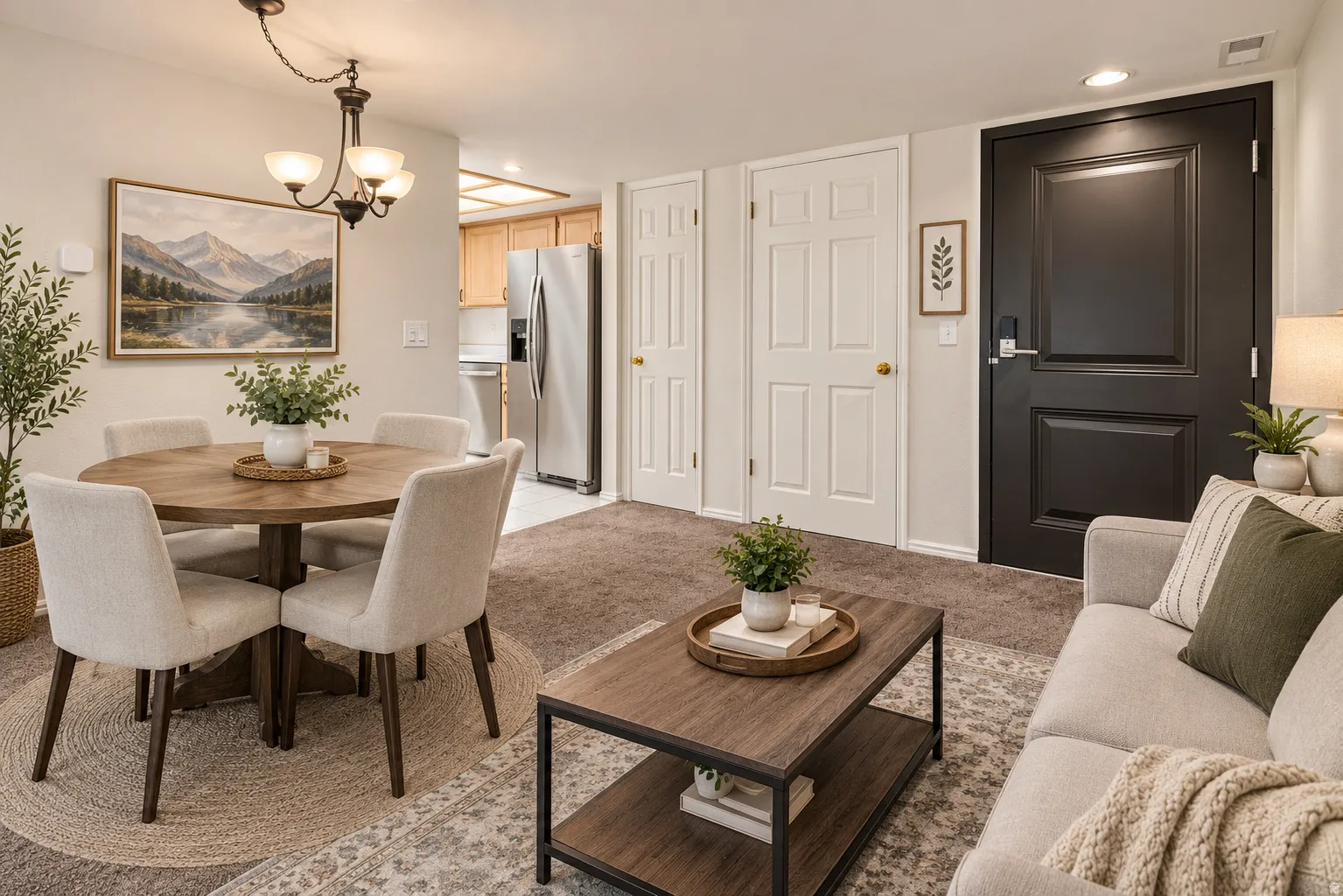 Open-concept living space featuring a dining area with a chandelier, carpeted living area, and a kitchen with stainless steel appliances