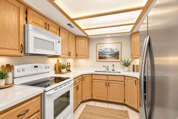 Wood-finish cabinetry, white countertops, built-in microwave, stainless steel refrigerator, and recessed ceiling lighting
