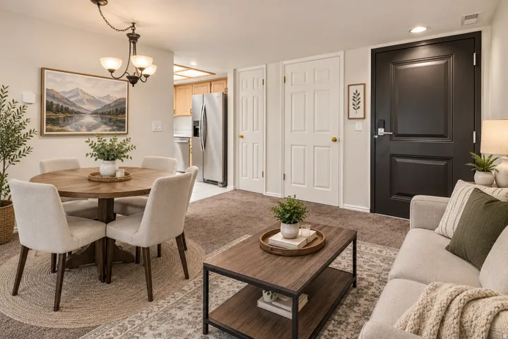 Open-concept living space featuring a dining area with a chandelier, carpeted living area, and a kitchen with stainless steel appliances