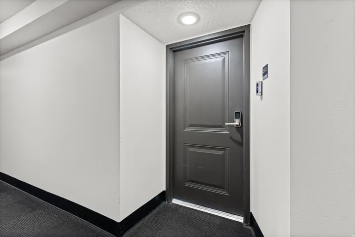 Panel door with contemporary hardware and a digital lock, featuring a flush-mount ceiling light and carpet flooring