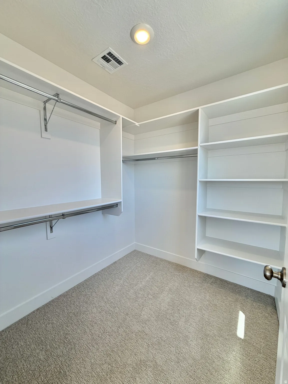 Spacious walk-in closet featuring built-in shelving, hanging rods, recessed lighting, and neutral carpeting