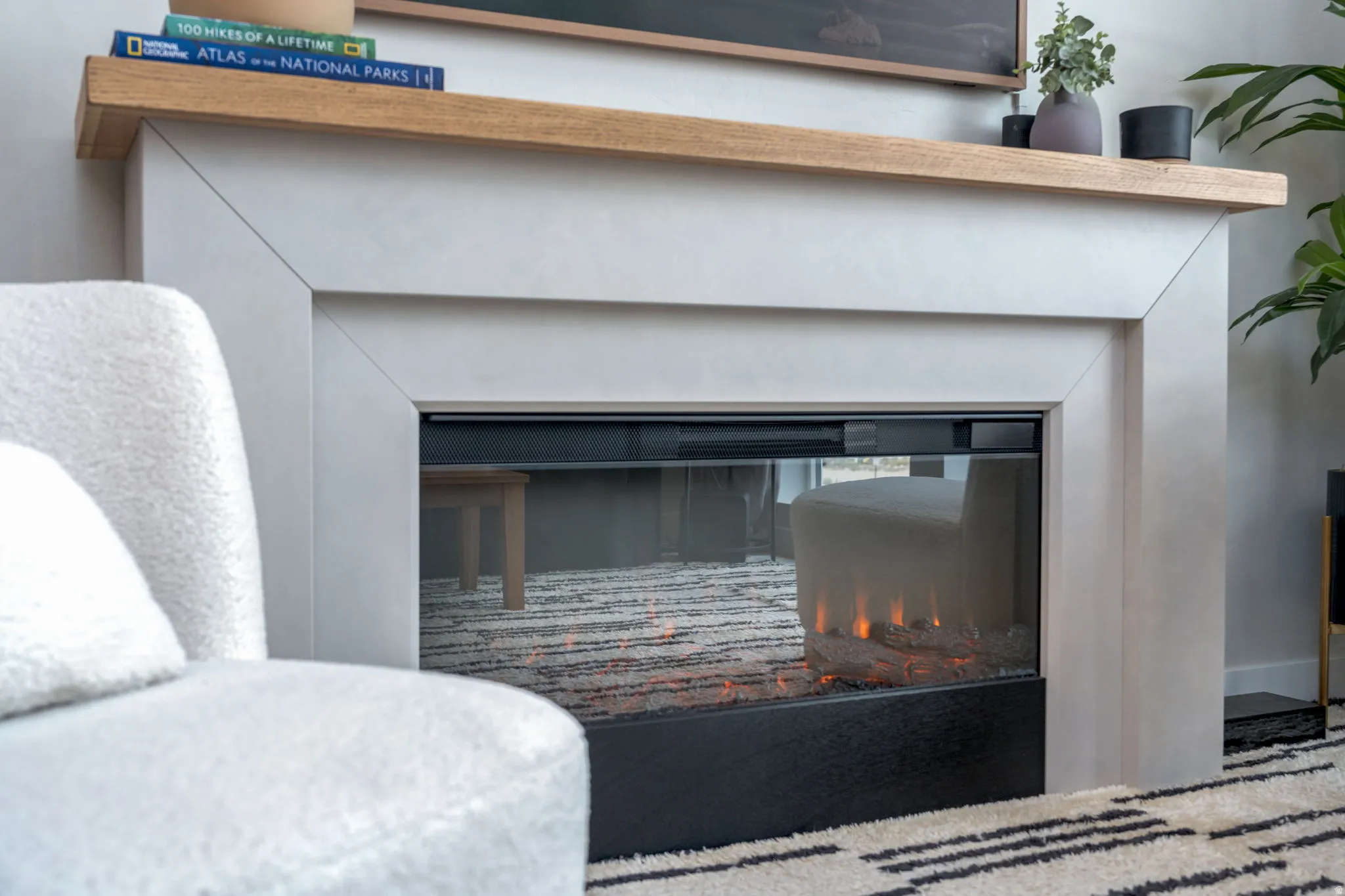 Detailed view of a glass covered fireplace