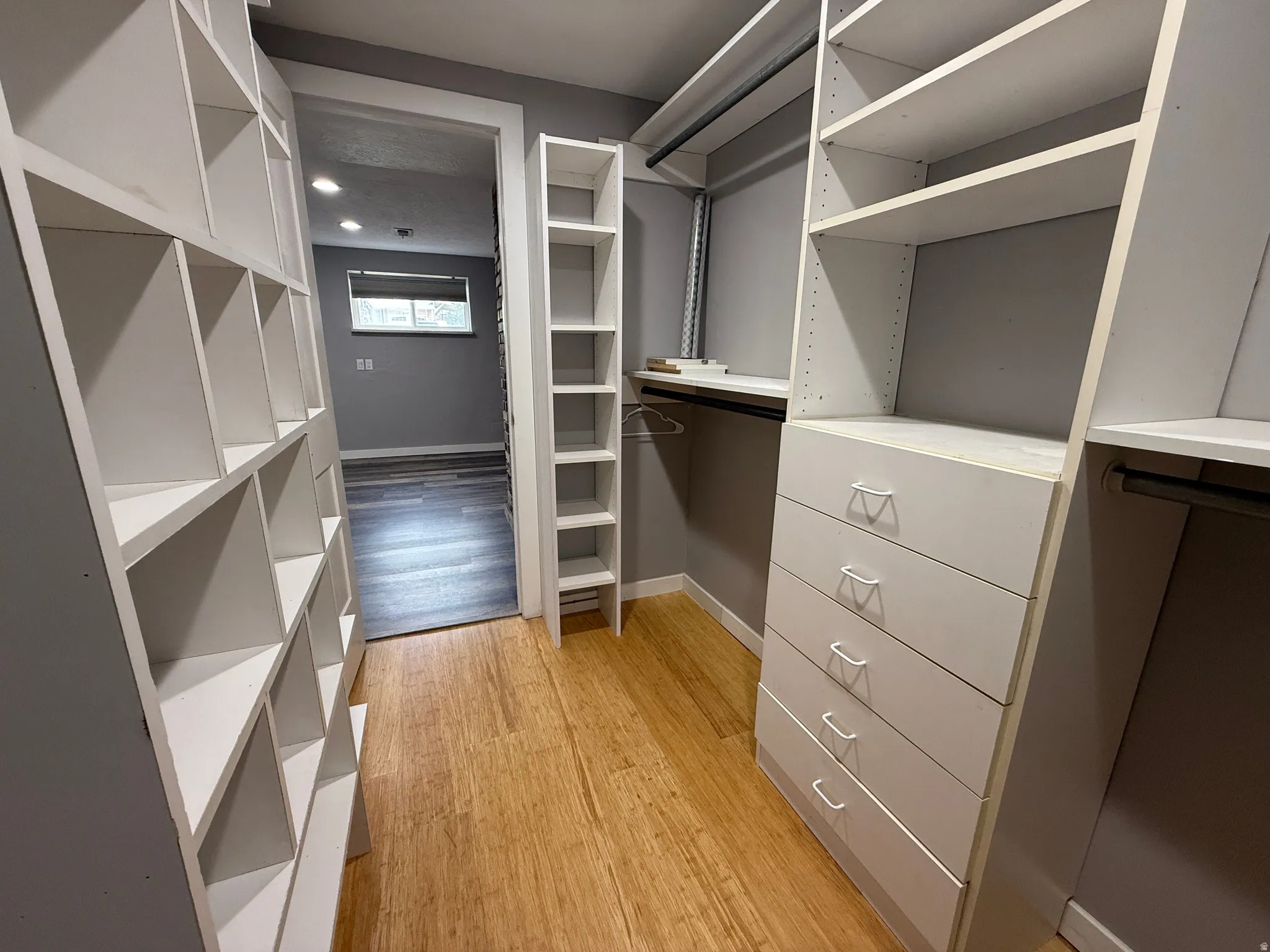 Master bedroom in closet featuring light wood-style floors