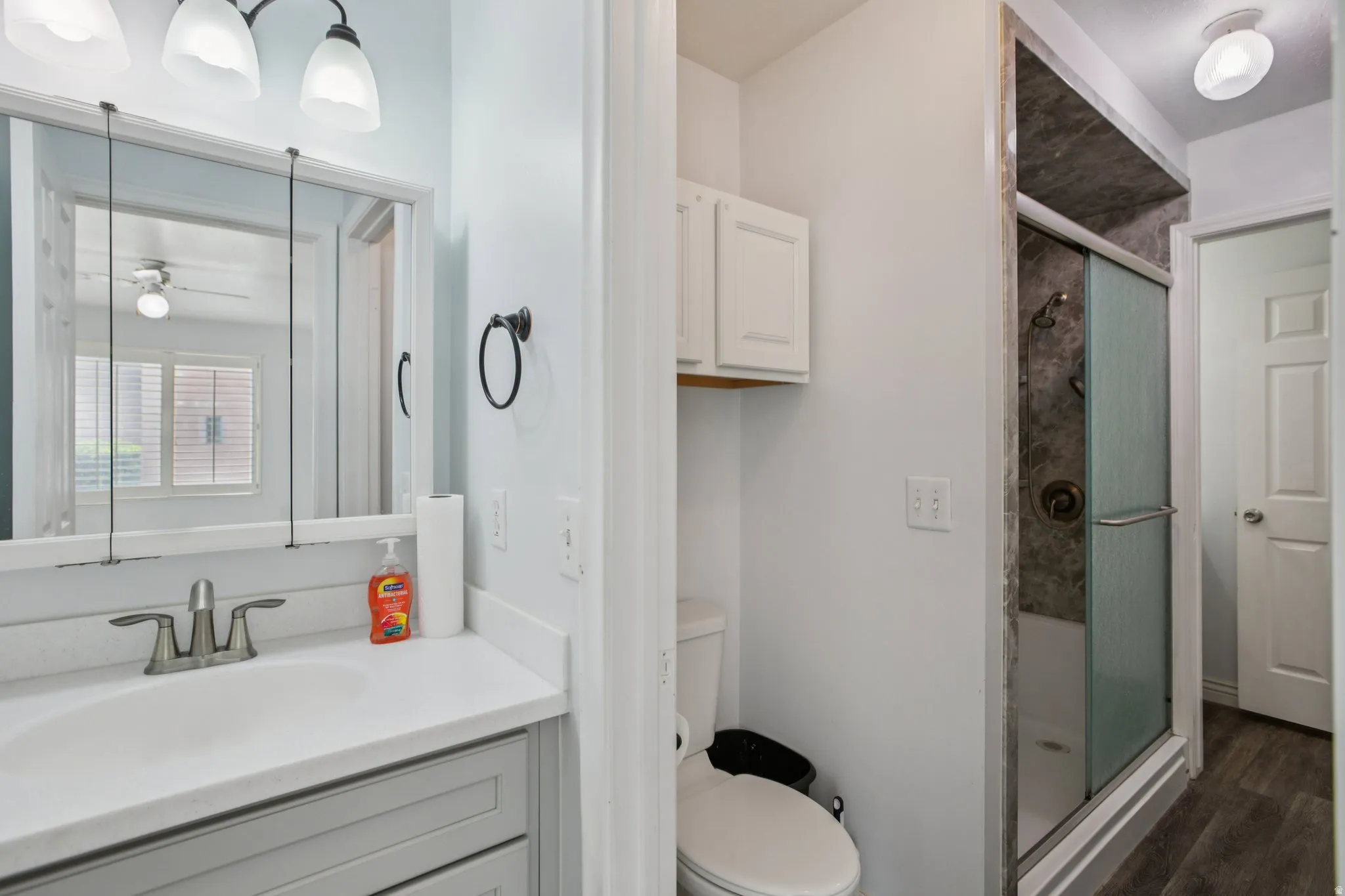Bathroom featuring a shower stall, vanity, dark wood finished floors, and a ceiling fan