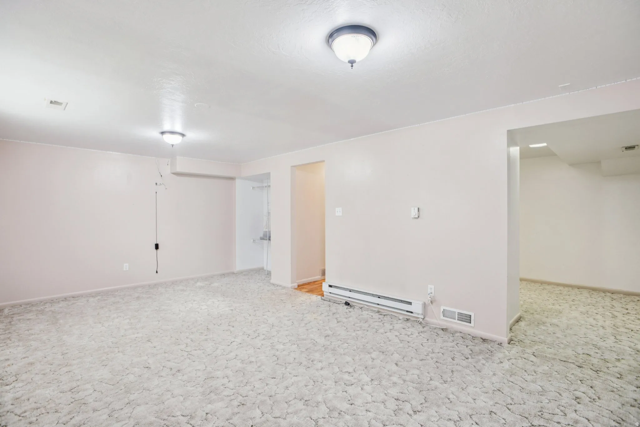 Finished basement featuring light carpet and a baseboard radiator
