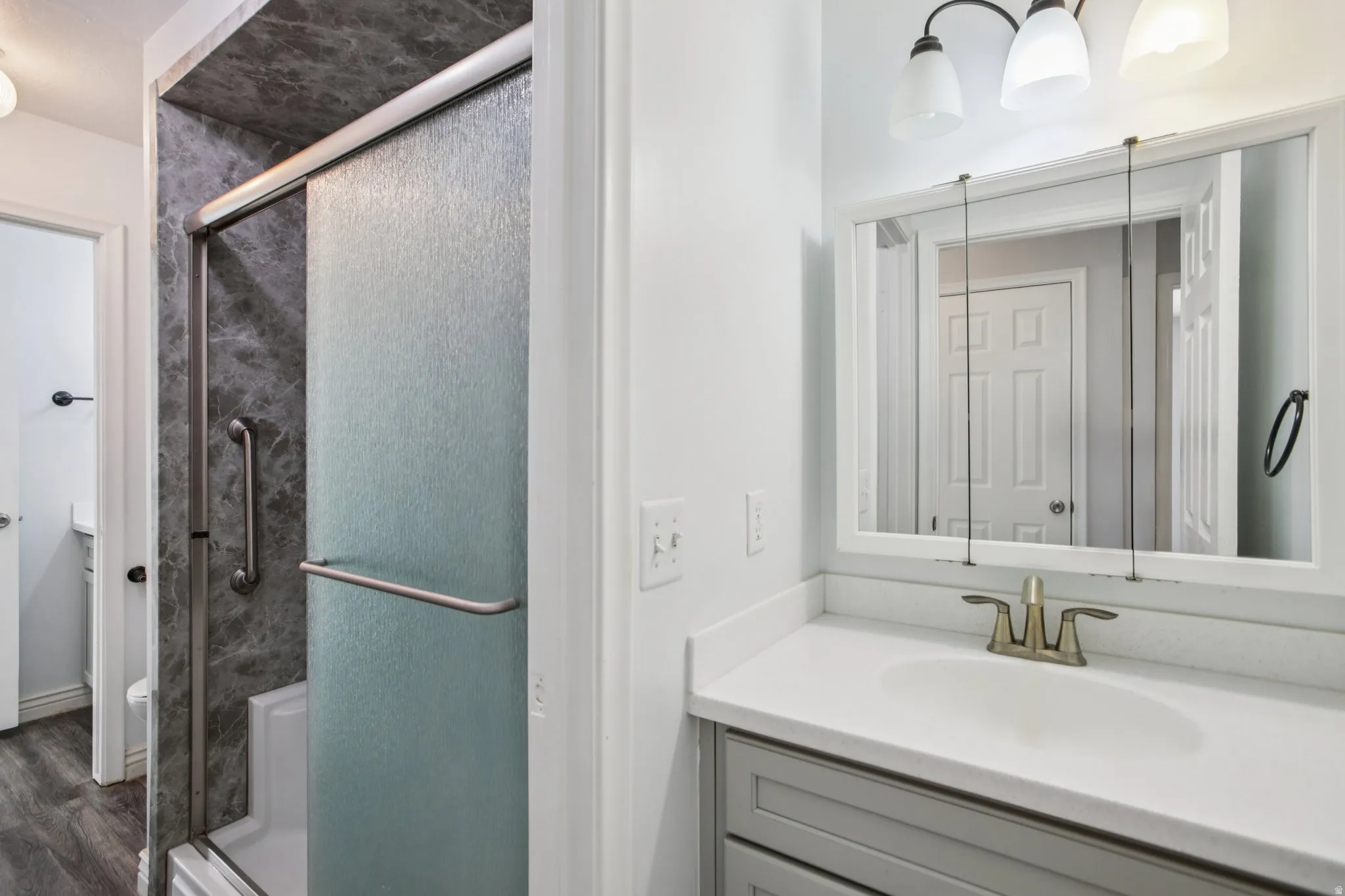 Bathroom with vanity and a shower stall