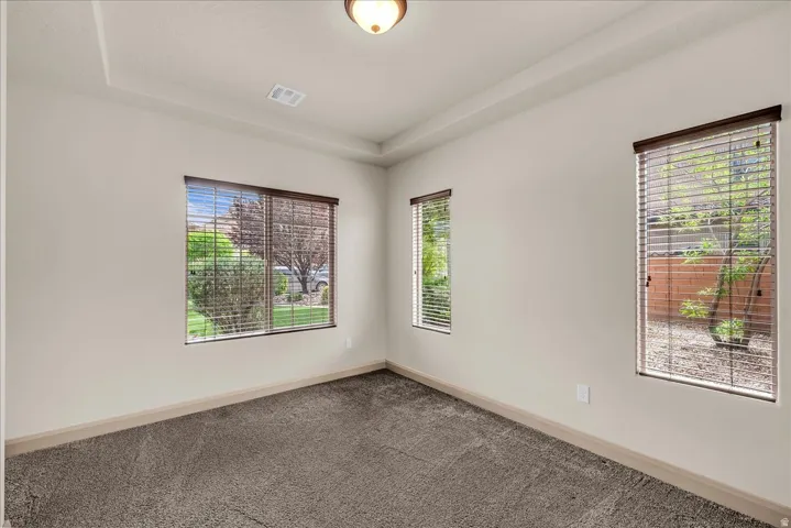 Carpeted empty room featuring plenty of natural light and a raised ceiling