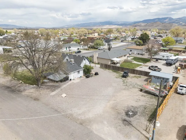 Aerial view of residential area with mountains